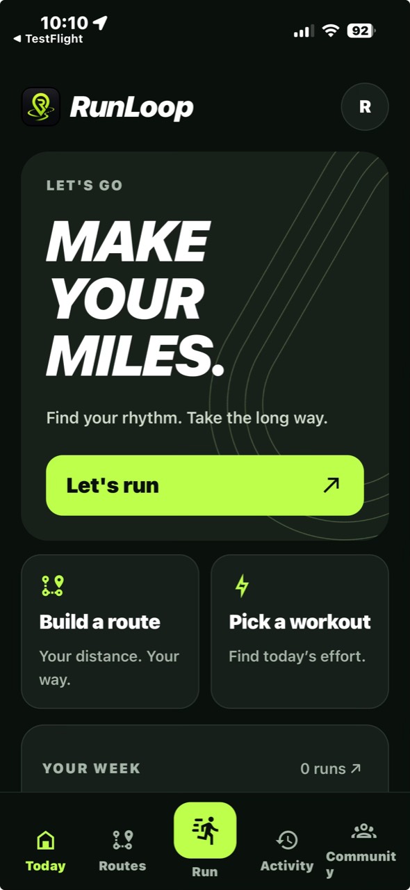 RunLoop’s released iPhone Home screen with Make Your Miles, Let’s run, Build a route, and Pick a workout